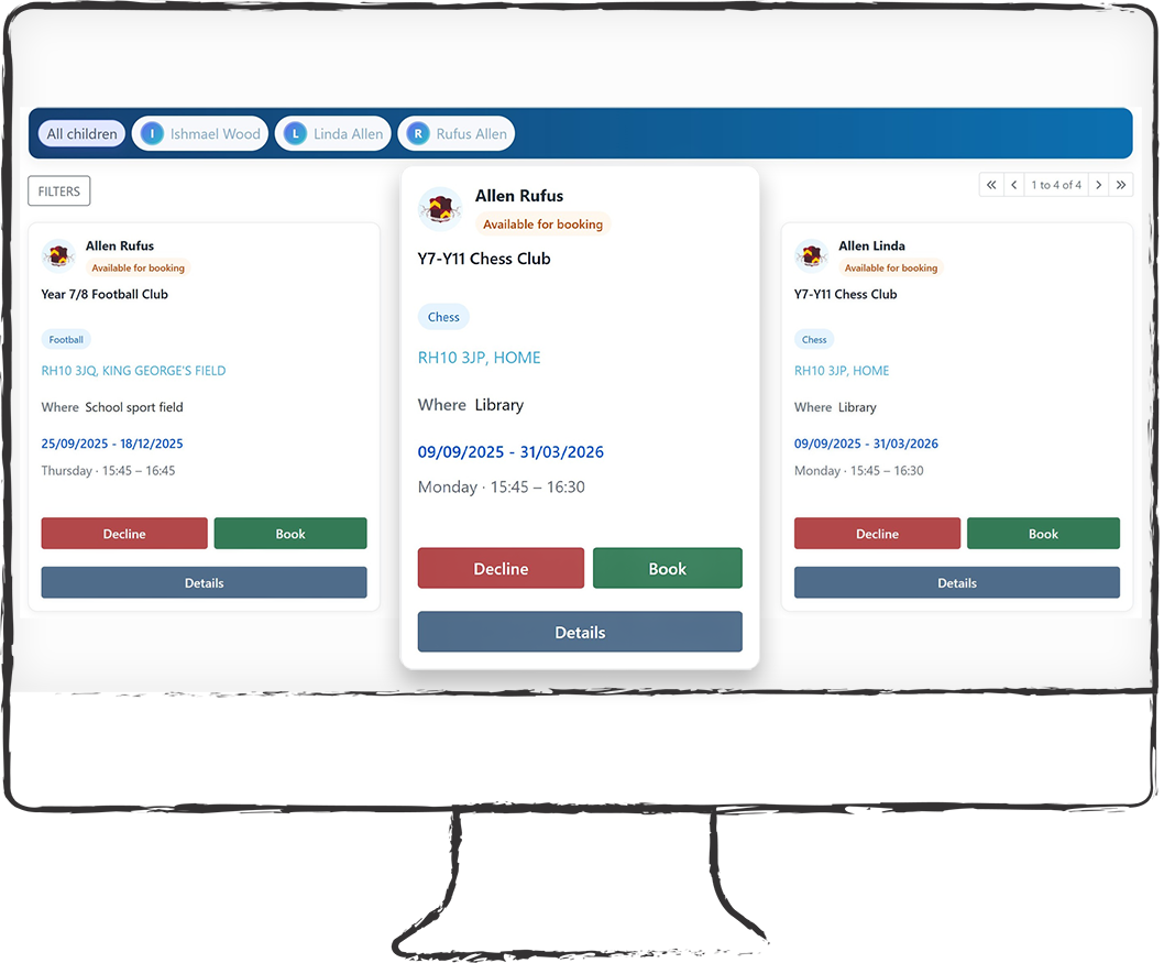Desktop UI showing fixtures, bookings and reports